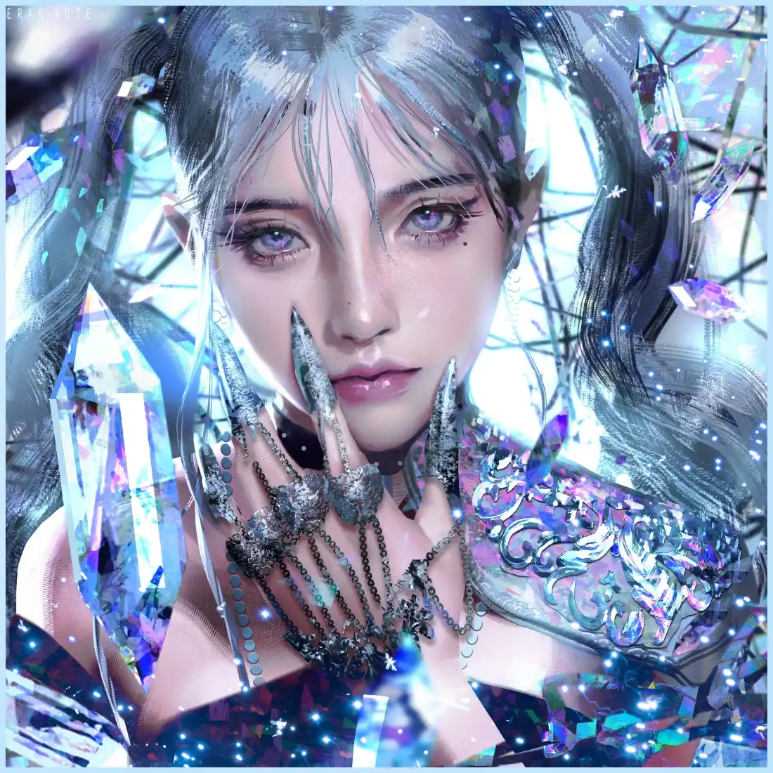 银灰双马尾尖耳精灵少女，蓝紫水晶环绕，金属配饰华丽梦幻