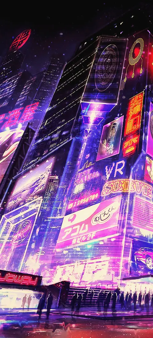 仰视视角下的赛博朋克雨夜都市，霓虹广告牌林立，地面倒映紫蓝灯光。