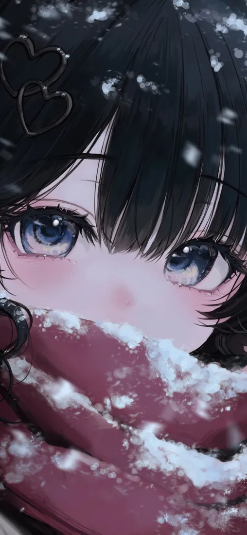 飘雪冬日里，黑长直齐刘海蓝眼少女围着落雪的红围巾，脸颊泛红。