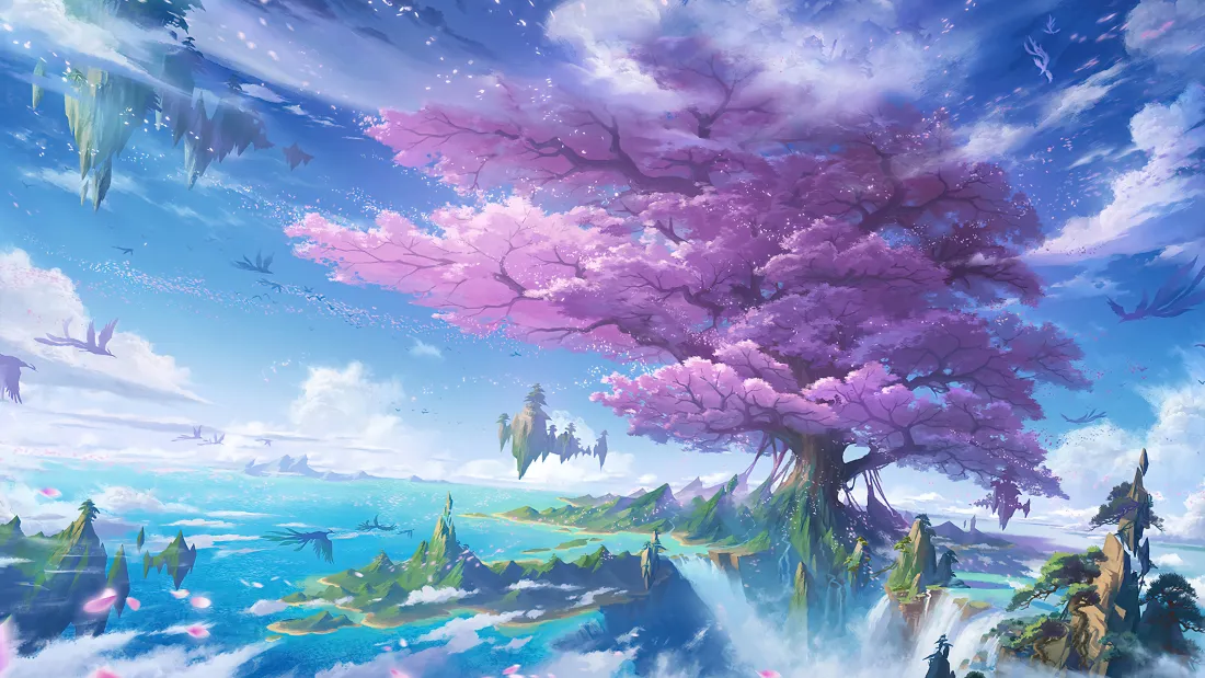 4k粉花巨树壁纸｜浮空岛屿背景图片 - 世外桃源「哲风壁纸」