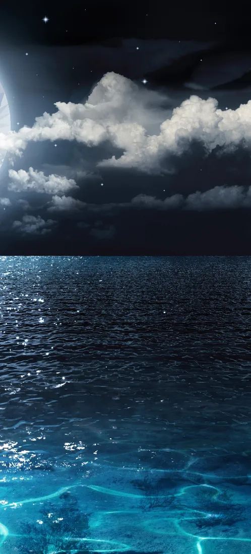 月夜下的海面，星空点缀夜空，月光在海面泛起点点波光