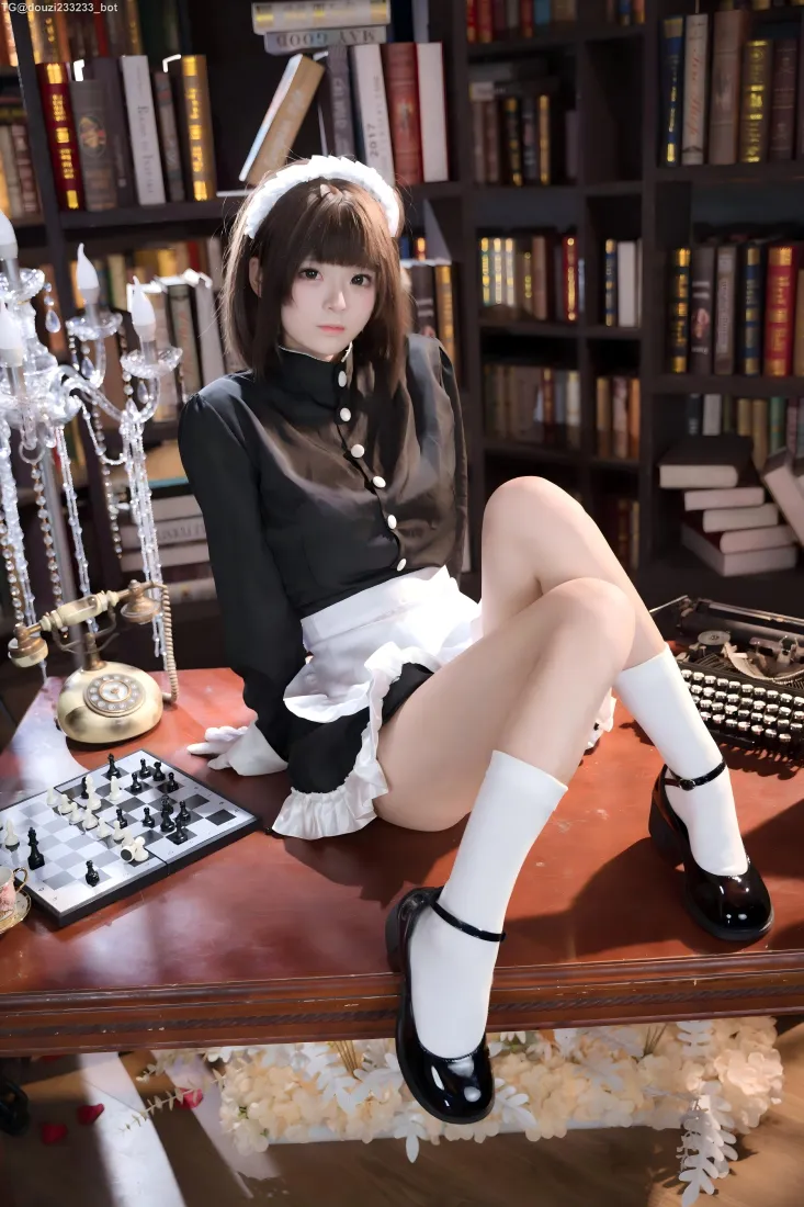 短发女仆装少女坐在书房木桌上，身旁摆放国际象棋与老式电话，身后是满墙书架。