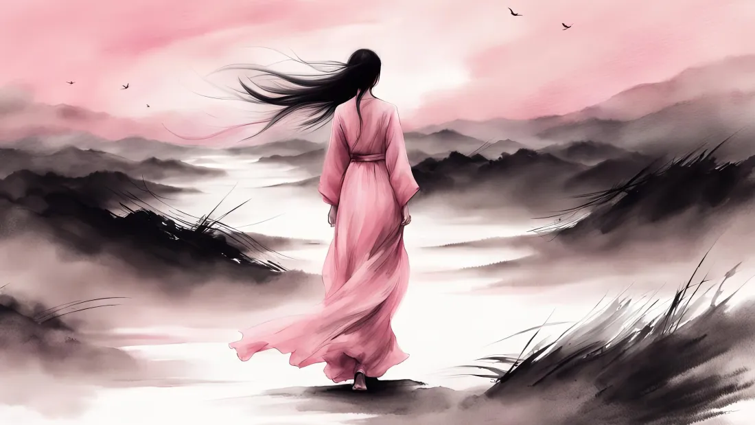 4k古风女子壁纸|水墨山水背景图片 - 国风意境「哲风壁纸」 水墨山水间,粉衣长发古风女子背身伫立,衣袂随风飘飞。