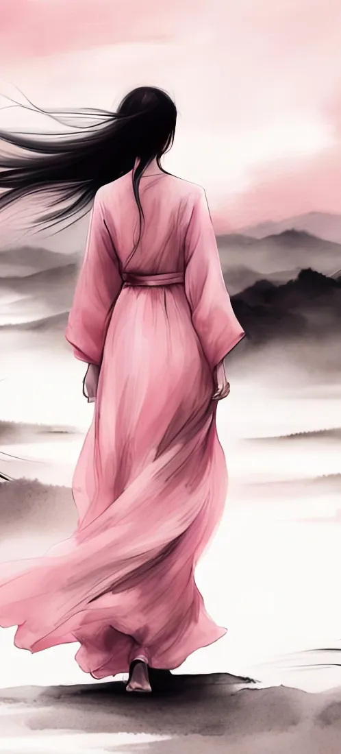 粉衣长发汉服女子背对镜头，立于水墨晕染的山水云雾间，衣袂随风飘动。