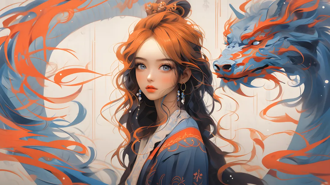 4k古风少女壁纸|龙背景图片 - 国风插画「哲风壁纸」 橙发古风少女半身像,身后环绕蓝橙配色东方龙,国风插画风格。
