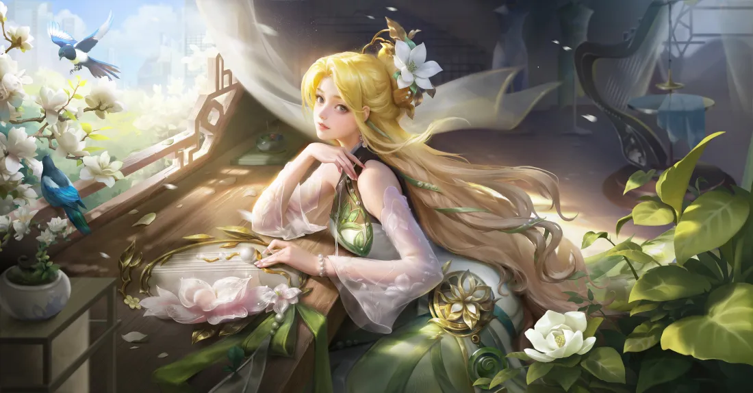 王者荣耀王昭君古风皮肤插画，金发绿裙倚坐窗边，周围环绕花叶与飞鸟。