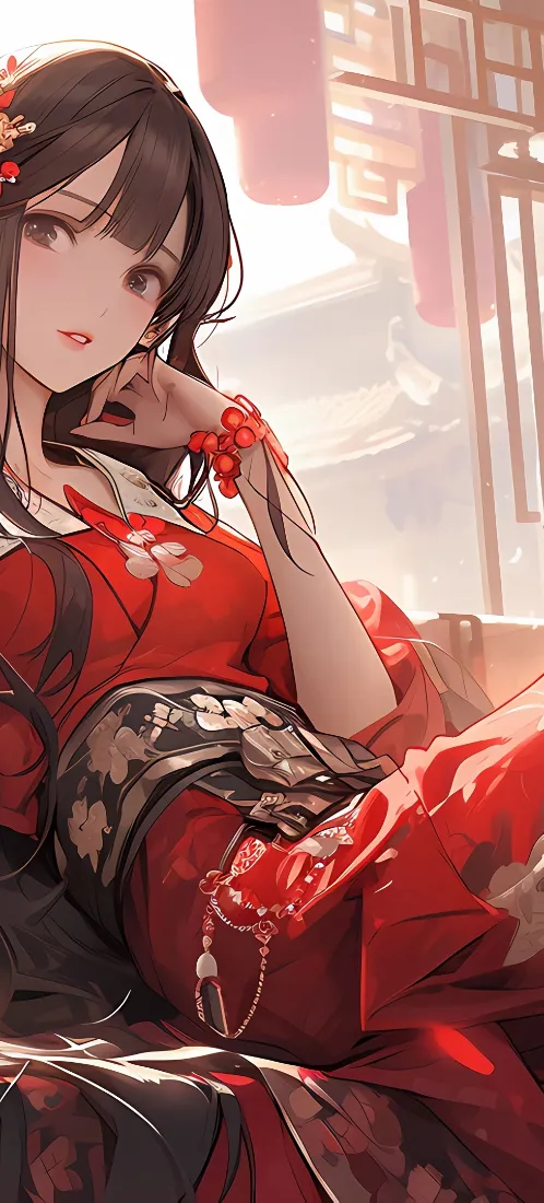 红衣古风少女手机壁纸｜古建灯笼背景图片 - 国风手绘「哲风壁纸」