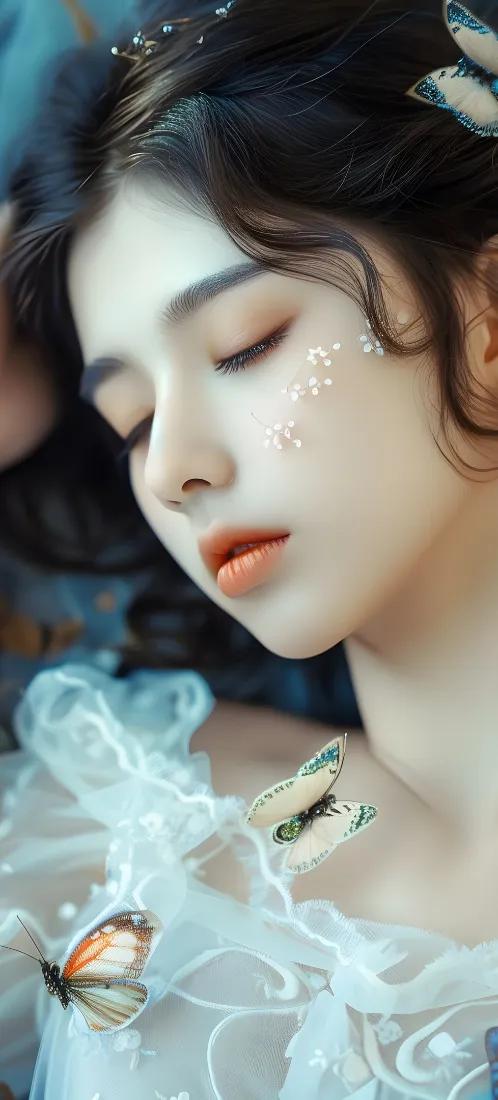 哈尼克孜闭眼特写，亮片妆搭配蝴蝶装饰与浅蓝纱裙，仙气十足
