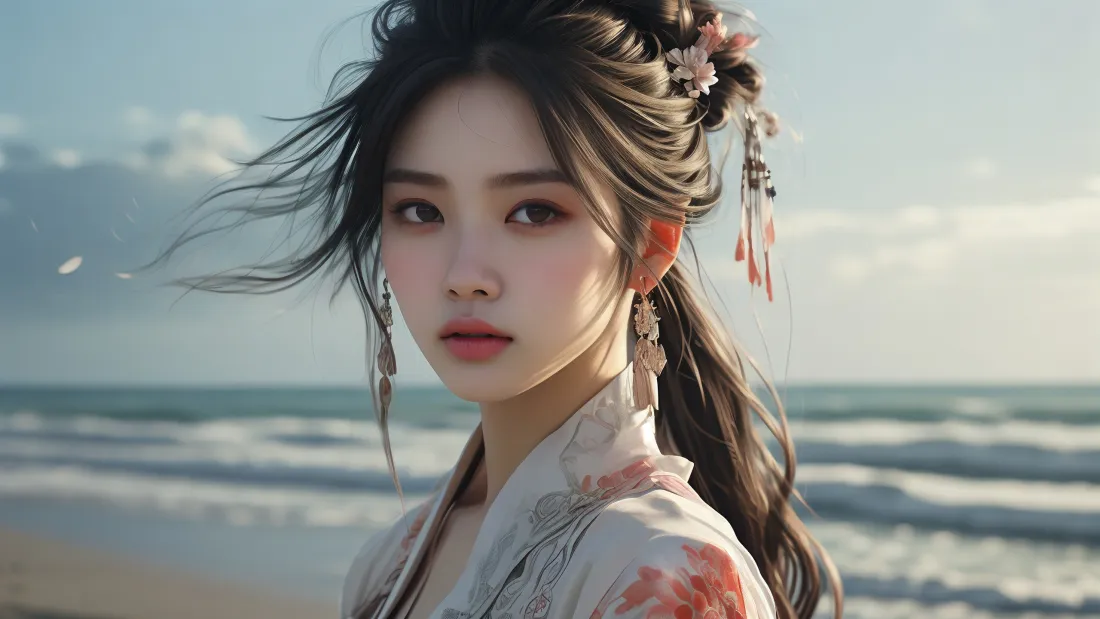 海边蓝天背景下，身着浅粉印花汉服的温婉古装女子，发丝随风轻扬。