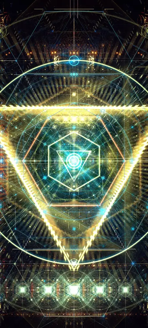 黑底上对称排布的发光几何光效图案，融合金、青蓝霓虹线条与光点。