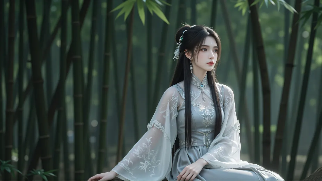 竹林中身着浅灰古风长裙的清冷女子静坐，气质出尘。