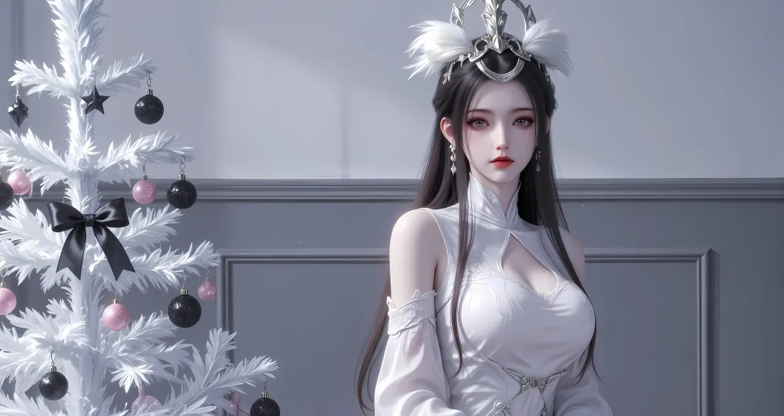 古风白衣女子立于白色圣诞树旁，灰调墙面清冷雅致