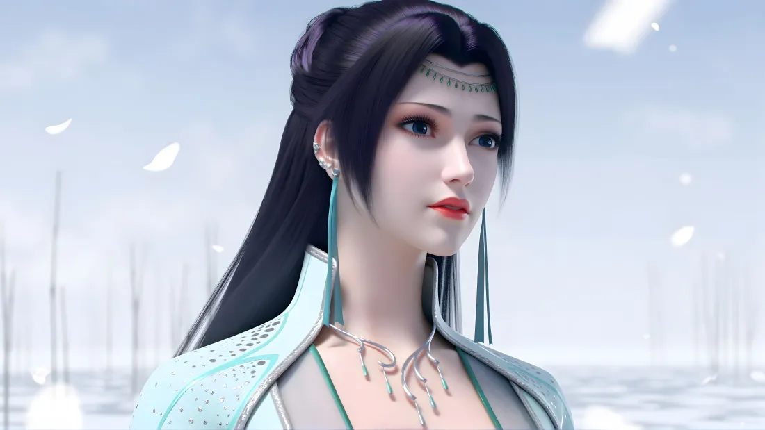 6k云韵壁纸|雪原背景图片 - 斗破苍穹国风美人「哲风壁纸」 斗破苍穹云韵3D古风形象,着青衣立于飘雪雪原,清冷唯美。