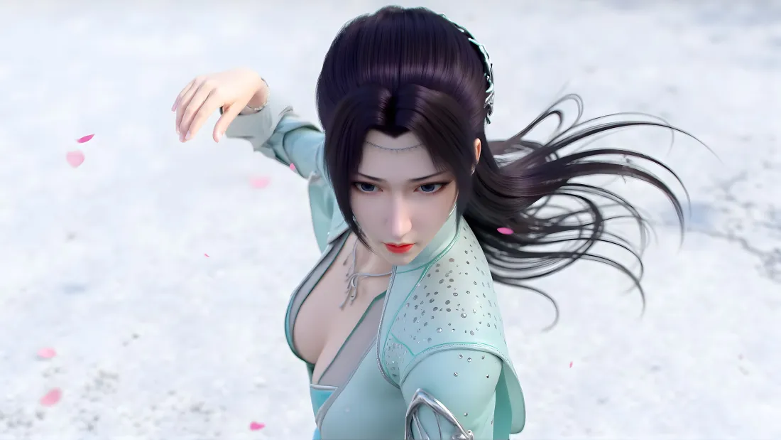6k云韵壁纸|雪地背景图片 - 斗破苍穹国漫女神「哲风壁纸」 雪地中身着浅青古装的云韵,黑发飞扬,粉色花瓣散落四周。
