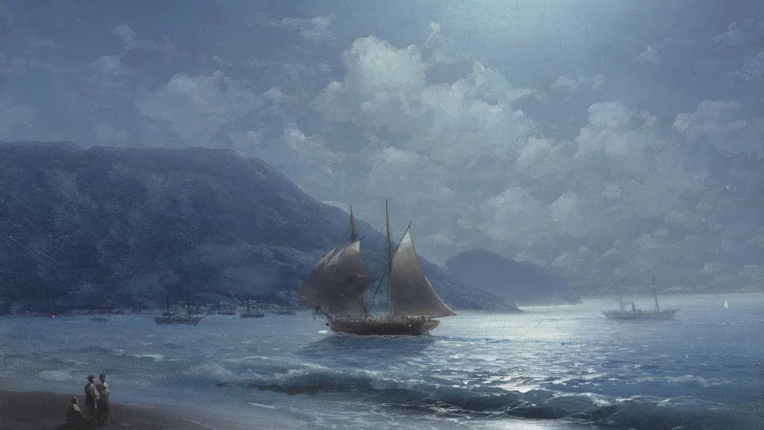古典海景油画，海面帆船航行，远山云雾缭绕，岸边有人物伫立。