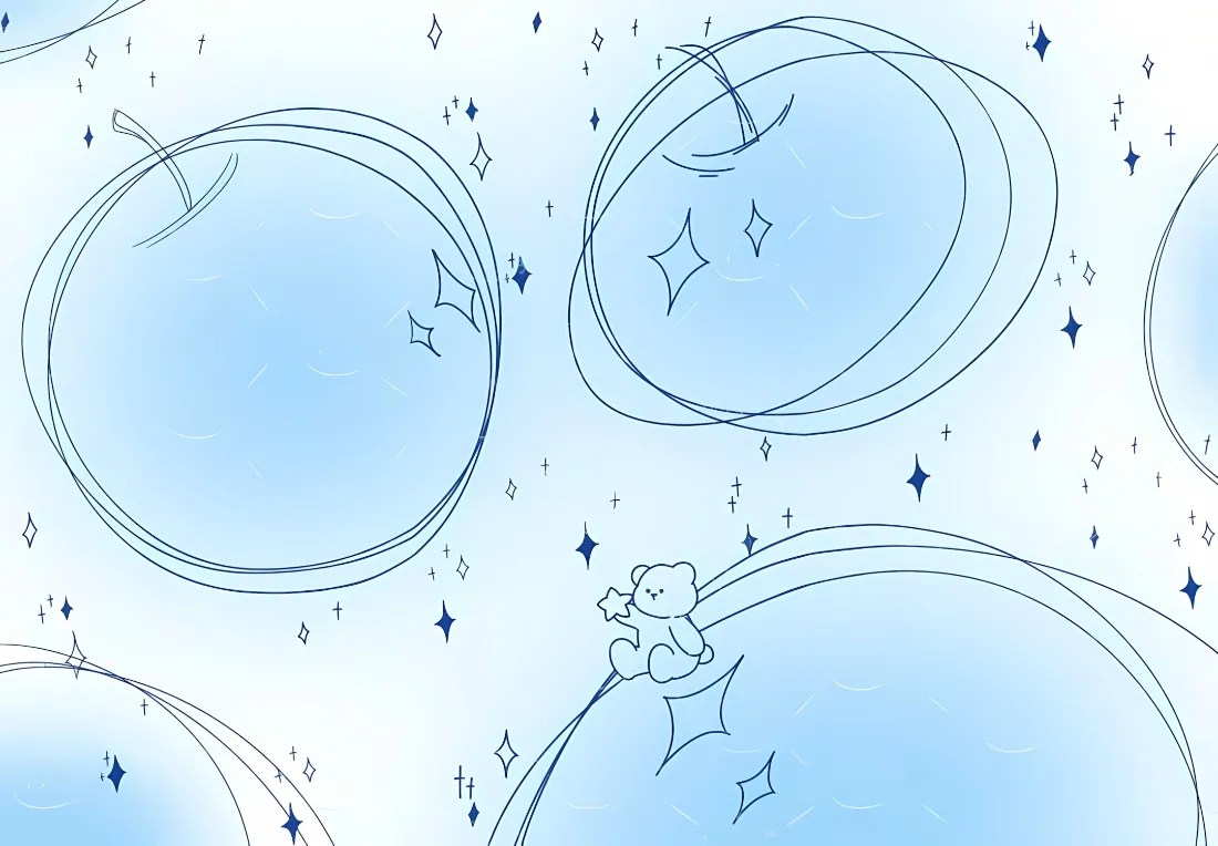 2k卡通苹果壁纸|浅蓝色星空背景图片 - 软萌手绘风「哲风壁纸」 浅蓝渐变背景上线稿苹果与小熊,点缀星星的软萌手绘图案