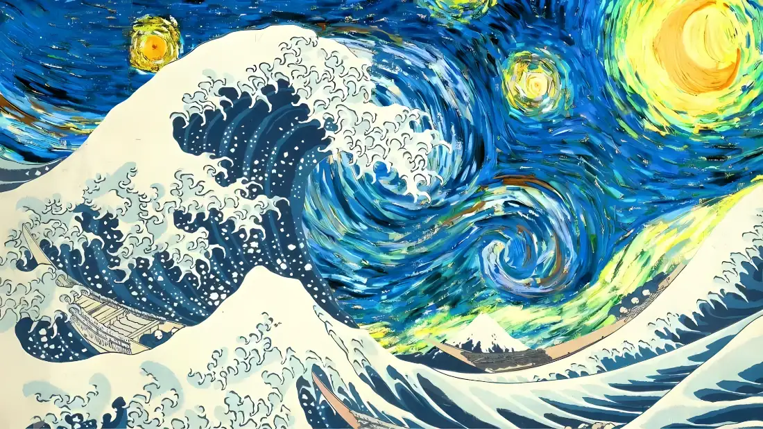 梵高星夜旋涡星空与神奈川冲浪里海浪融合的名画二创插画