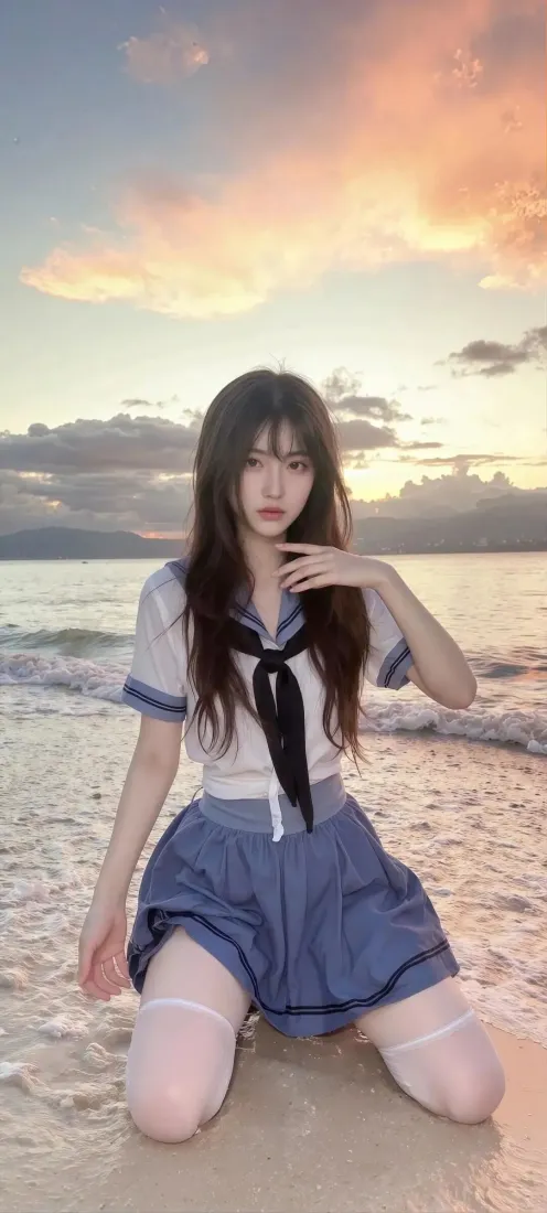 穿JK水手服的长发少女跪坐在海边沙滩上，背景是橙粉晚霞与海面