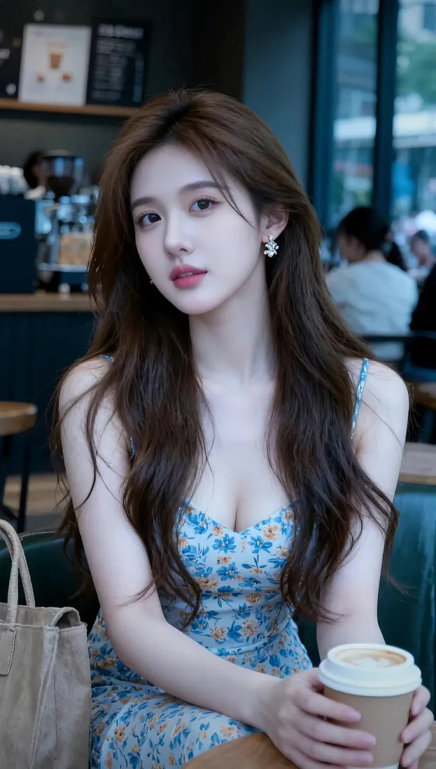 长发美女身着蓝底碎花吊带裙，在咖啡店手持咖啡杯，氛围清新温柔。