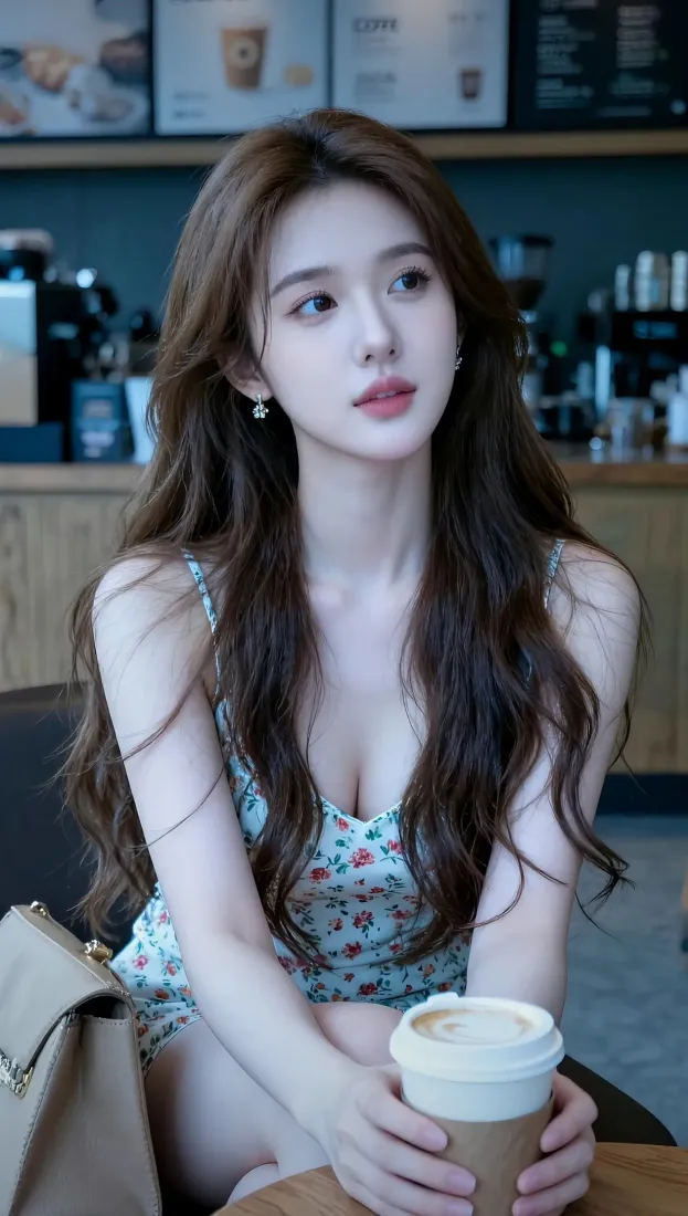 长发女子身着碎花吊带，在咖啡店手持咖啡杯，背景虚化。