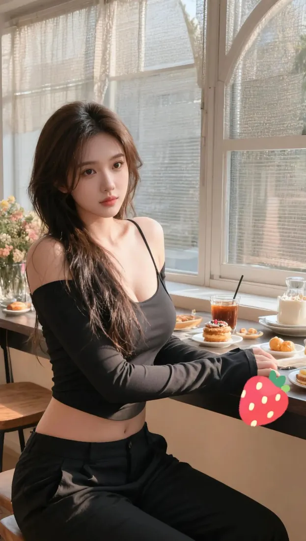 长发美女身着黑色露肩上衣与长裤，坐在咖啡店窗边享用下午茶。