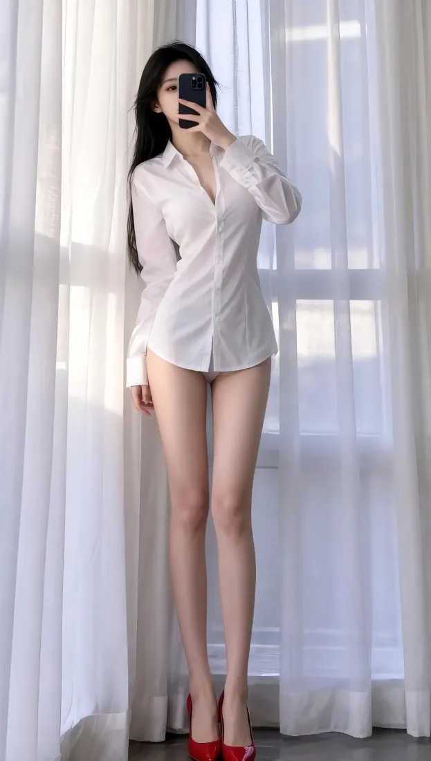 窗边白纱帘前，穿白衬衫红高跟鞋的长发女子举手机自拍。