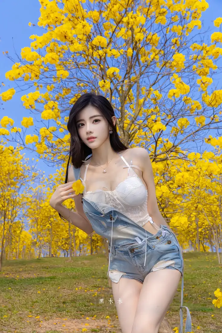 长发女子身着白色吊带与牛仔背带短裤，立于黄风铃花树下的草地。