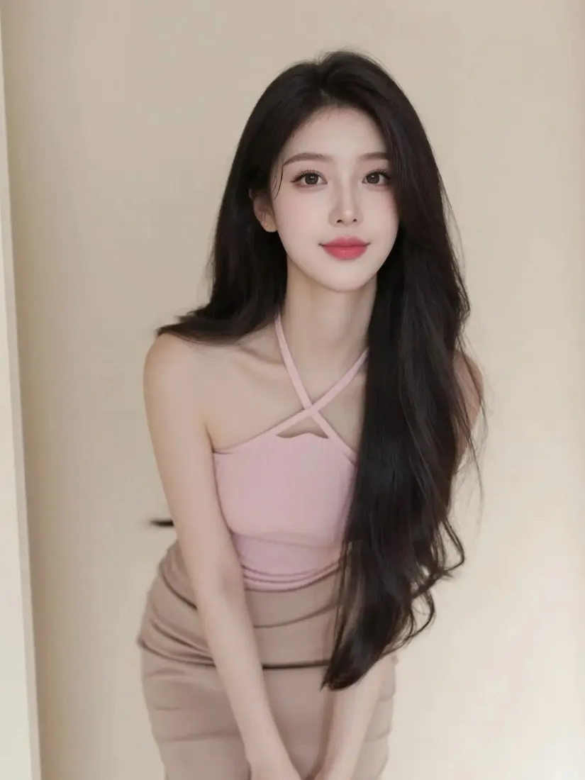 长发美女身着粉色挂脖上衣与包臀裙，在纯色背景前温柔站立。