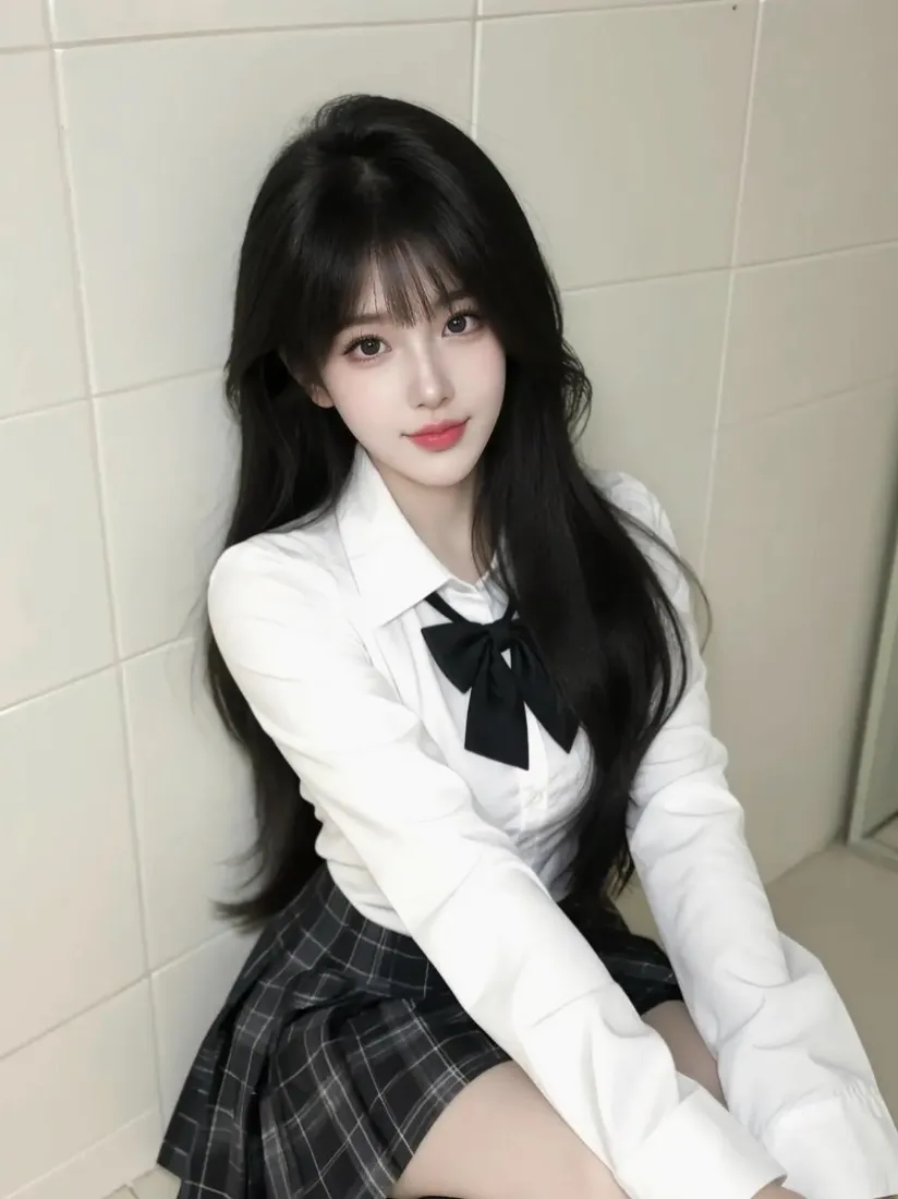黑长直JK少女倚靠白瓷砖墙，白衬衫配黑领结与格纹百褶裙，清纯甜美。