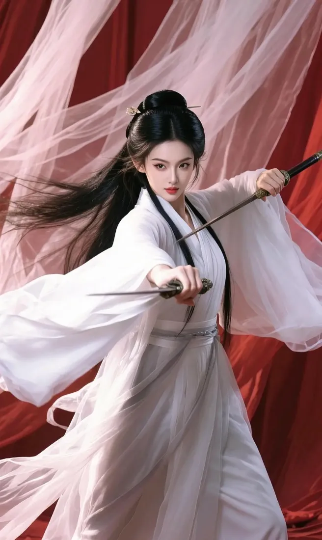 白衣古装女子持双剑摆出侠女姿态，背景为红色纱幔。