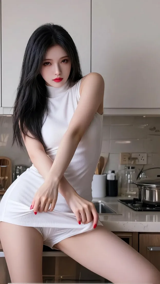 黑长直红唇御姐身着白色紧身短裙，在居家厨房内摆出性感姿态。