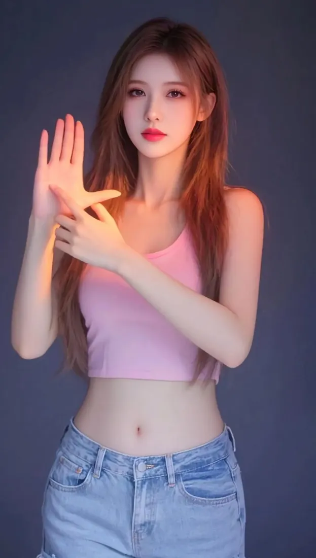 长发年轻女性身着粉色露脐吊带与浅蓝牛仔裤，在灰调背景前抬手摆拍