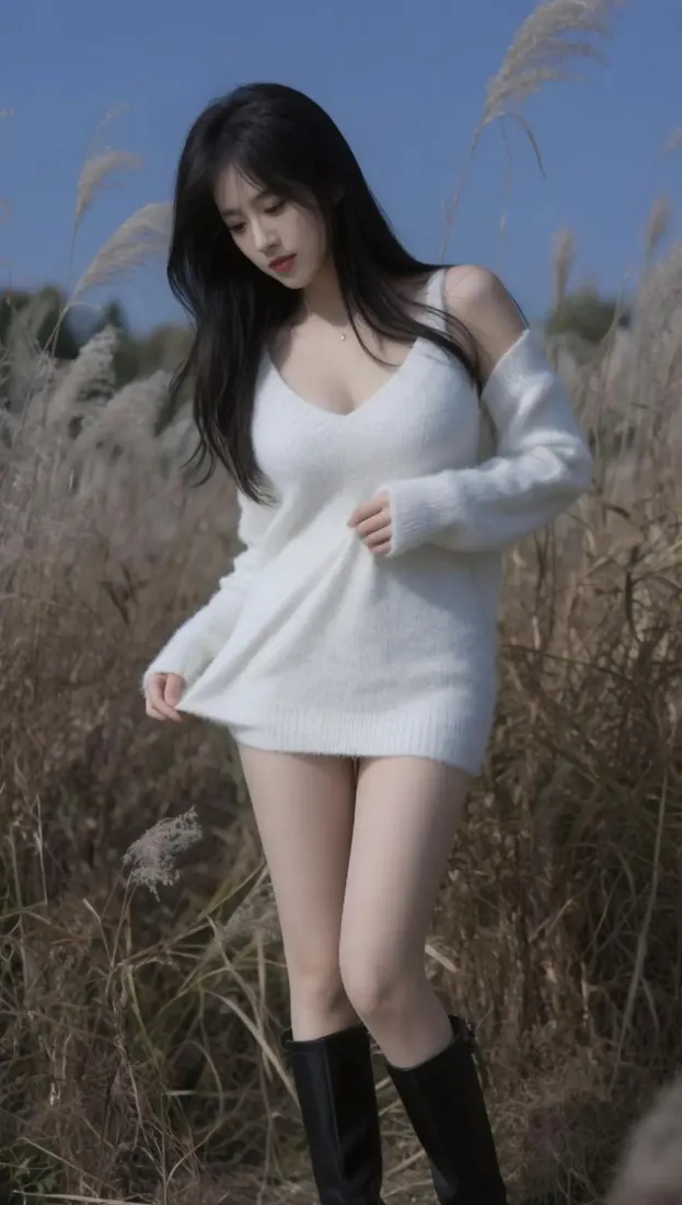 黑长直女子身着露肩白针织短裙与黑长靴，立于秋日芦苇丛中，背景是澄澈蓝天。