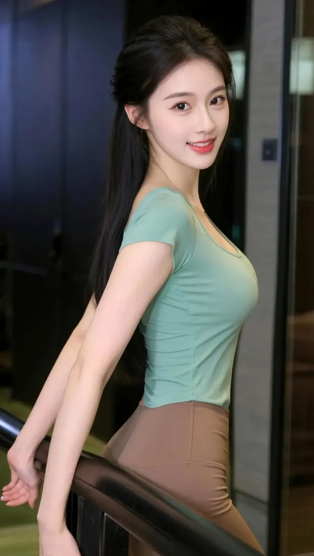 黑长直长发美女身着浅绿短袖与棕色包臀裙，在室内楼梯旁回头微笑。