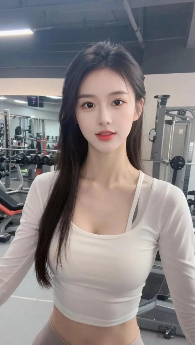 健身房内，长发年轻女性身着白色紧身短款健身服自拍，背景为健身器材。