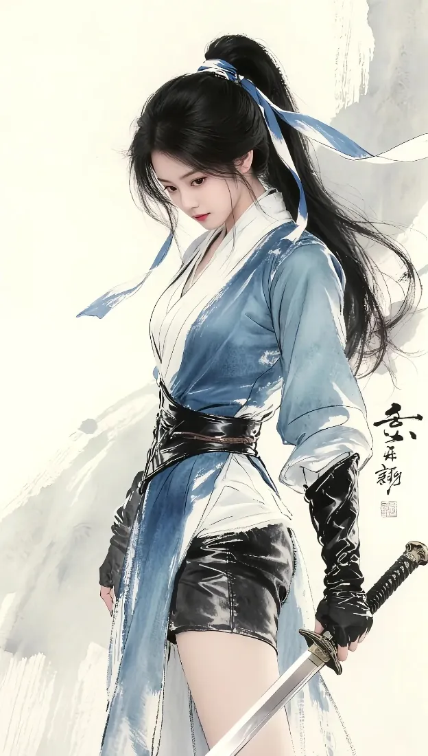 水墨风蓝衣高马尾女侠，束发带佩剑，侧身垂眸，背景晕染留白。