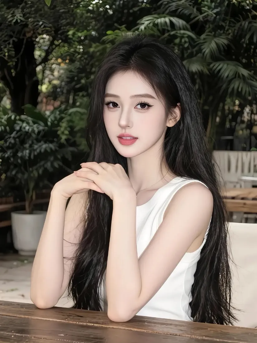 户外绿植露台，长发白衣美女手肘搭在木桌上面向镜头