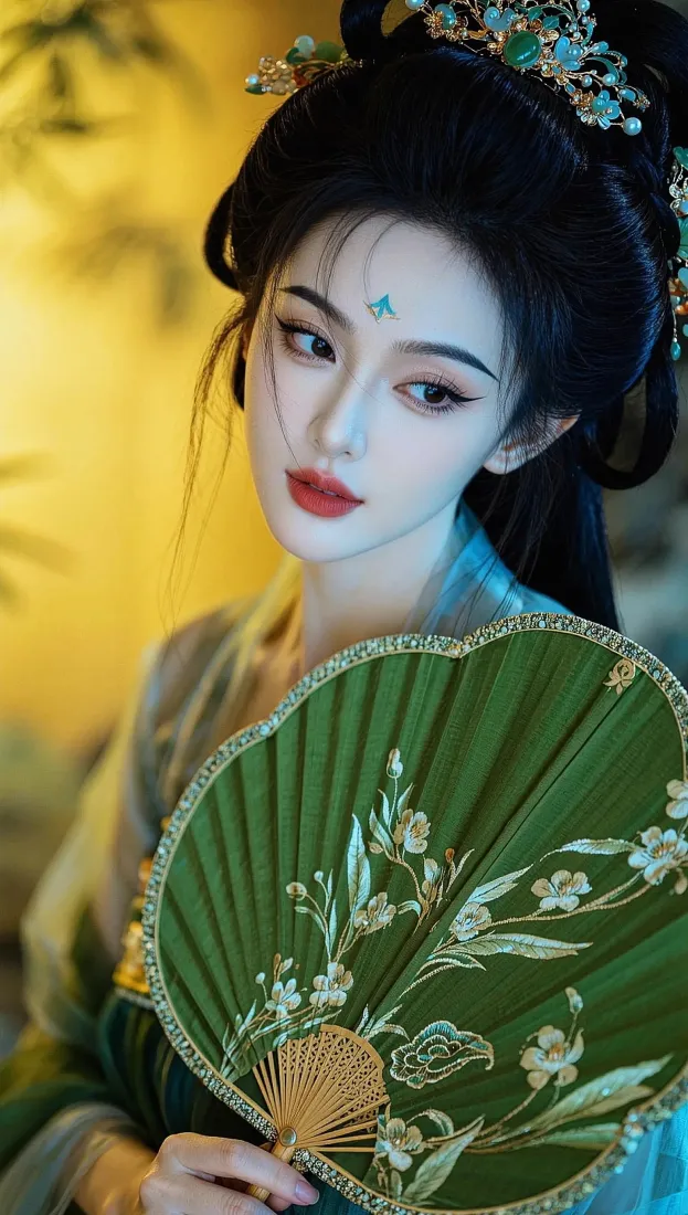 暖黄柔光下，身着汉服的女子手持绣花卉绿团扇，额间点花钿，妆容古典雅致。
