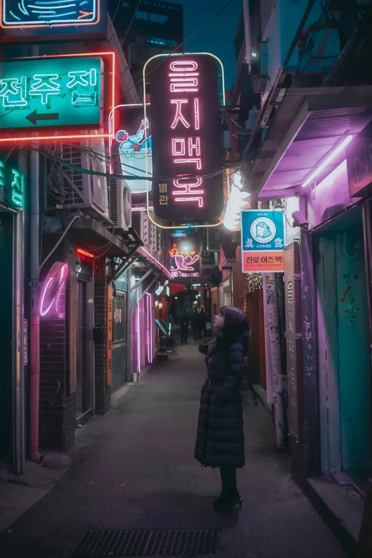 夜晚韩国小巷，霓虹招牌林立，一名穿长款羽绒服的女子驻足仰望。