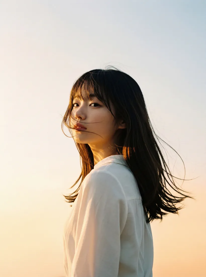 黄昏渐变天空下，穿白衬衫的黑发少女侧颜回望，发丝被微风拂动。