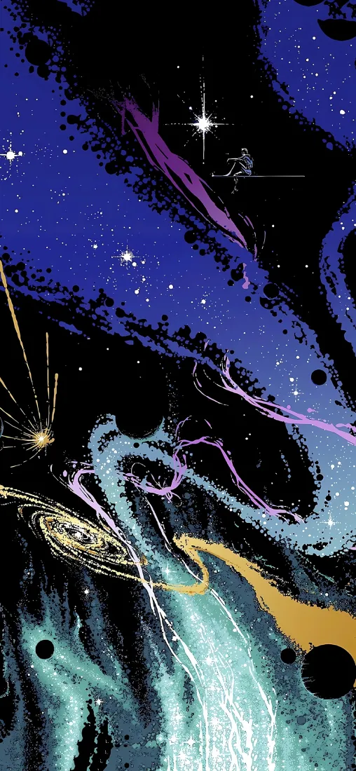 漫画风格浩瀚宇宙，星云星系交织，高处平台上有渺小人物剪影。