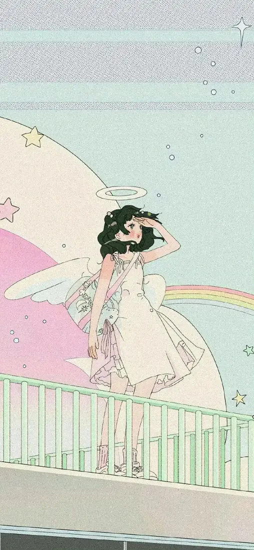 黑短发白裙天使女孩站在栏杆旁，背景是淡青天空、粉白云朵与彩虹。