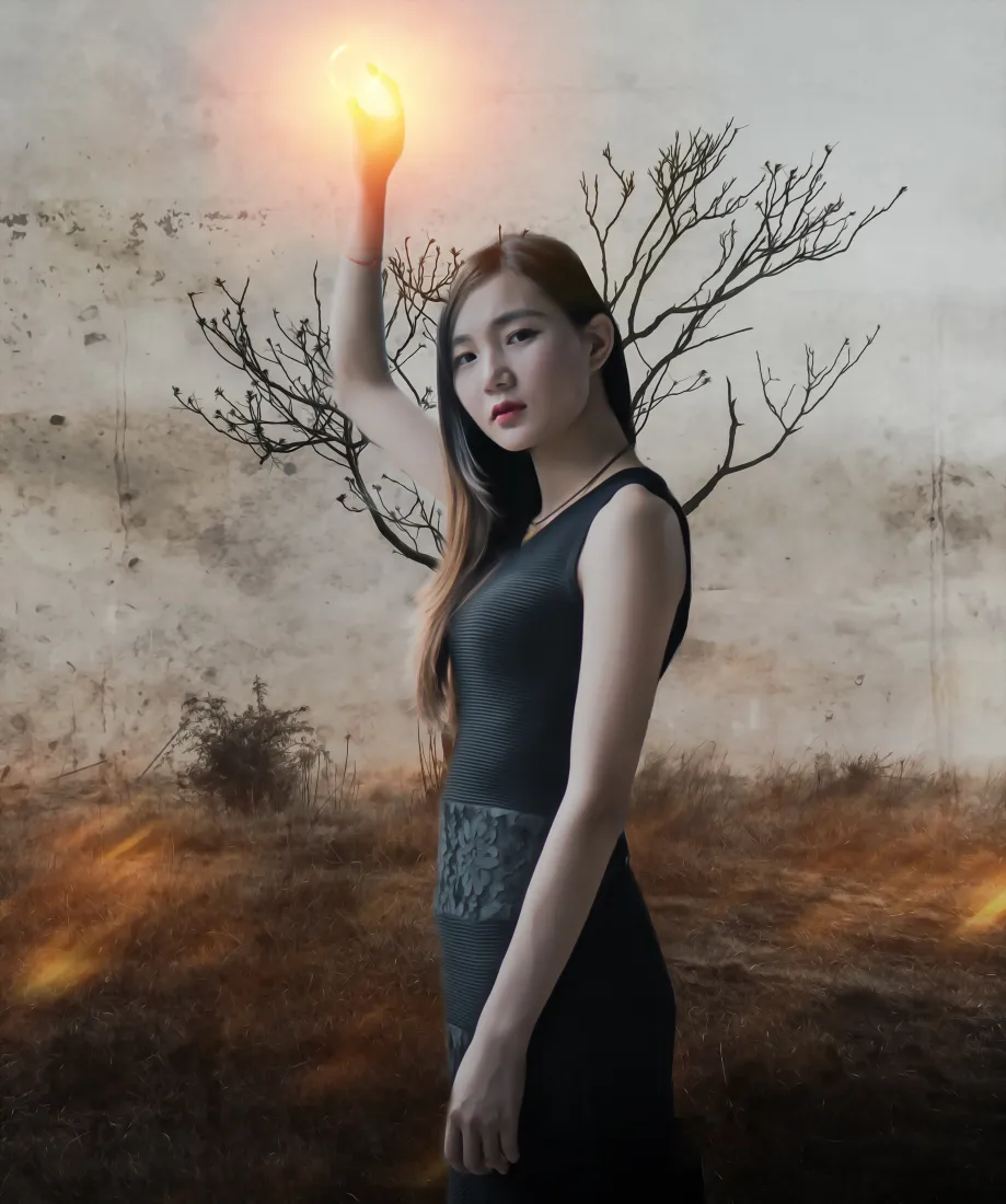 黑衣长发女子立于末世荒地枯树前，右手高举发光火焰，氛围清冷孤寂。