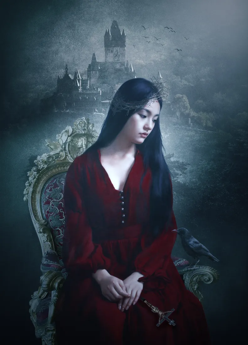 暗黑雾气中，红衣黑发少女坐于欧式雕花座椅，背景是朦胧古堡与飞鸟。
