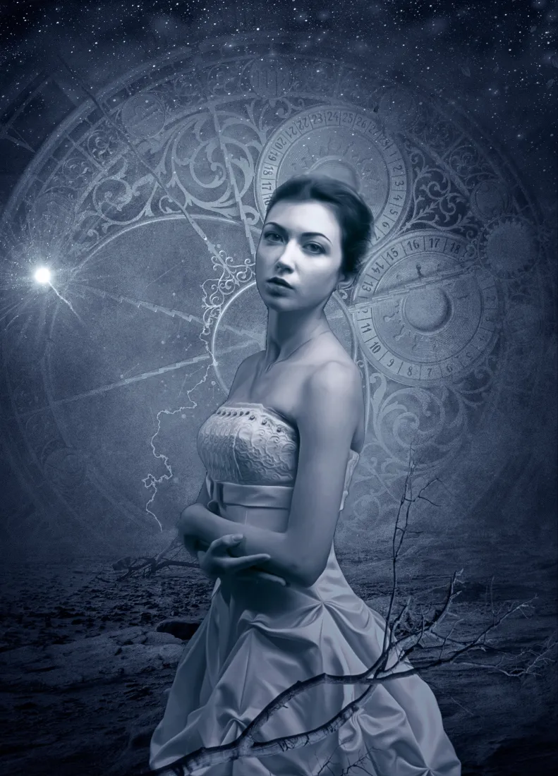 冷蓝调夜晚，白裙女子立于星空魔法阵前，氛围神秘梦幻。