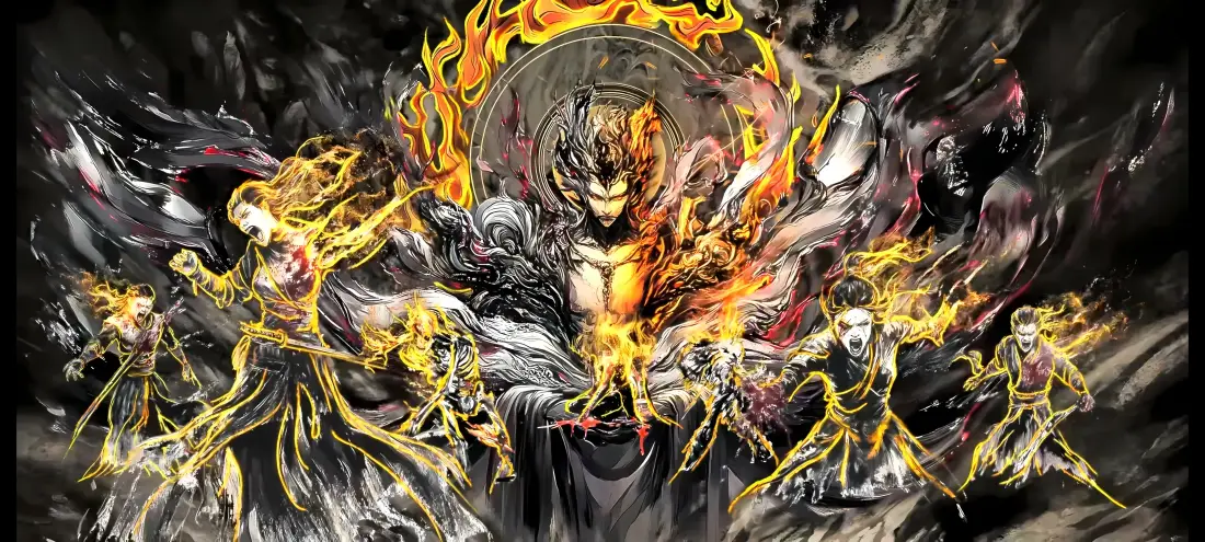 5k沧元图壁纸|暗黑火焰背景图片 - 玄幻神魔群像「哲风壁纸」 暗黑背景中,带火焰光环的神魔居中,周身环绕金色火焰与骷髅虚影