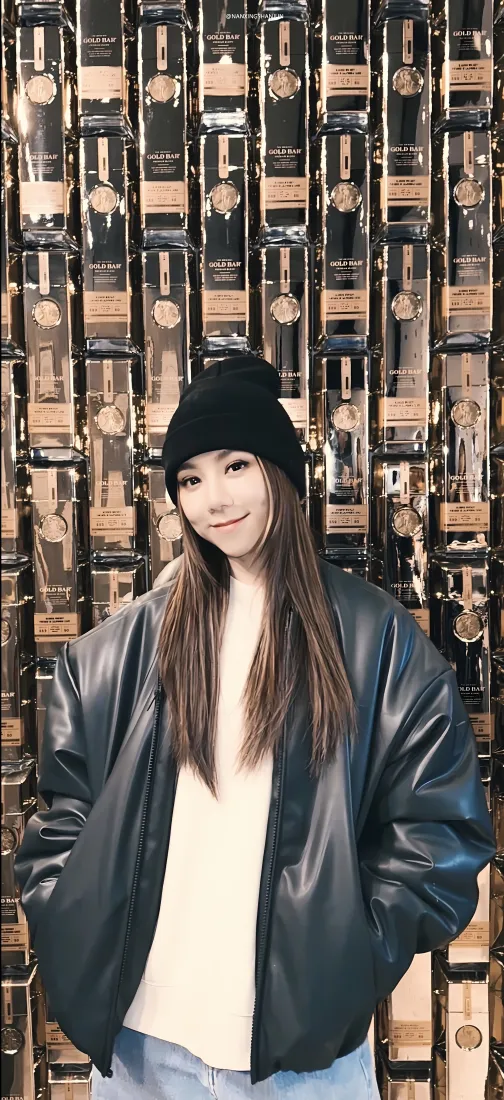 邓紫棋戴黑色针织帽，穿黑色皮衣白上衣，站在摆满洋酒的酒柜前微笑。