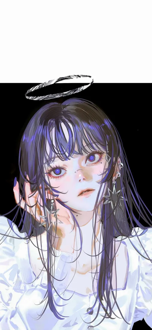 黑底紫发带光环的白衣清冷少女手绘插画