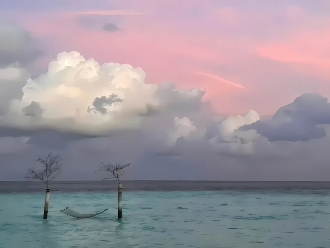 粉霞黄昏下的浅海，两根枯木桩间悬挂着空吊床，天空布满柔云。