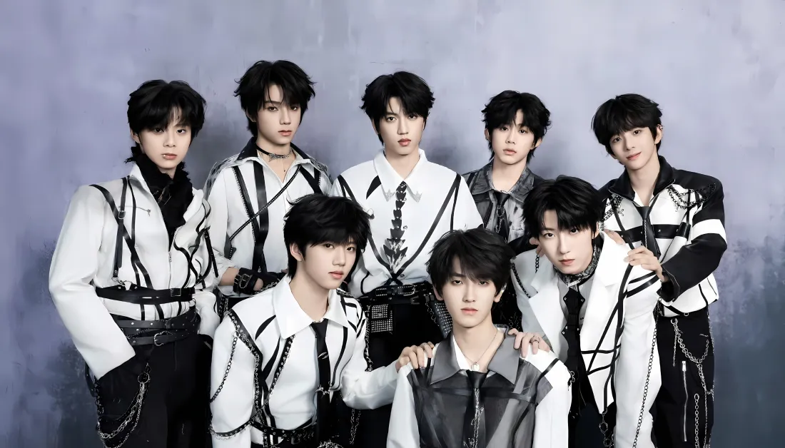 TF家族8位少年身着黑白束带演出服，在灰调背景前拍摄团体合照。